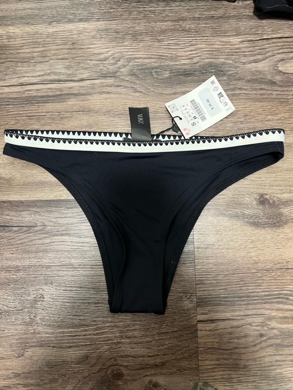 ZARA Black Bikini Bottom with White Zigzag Waistband